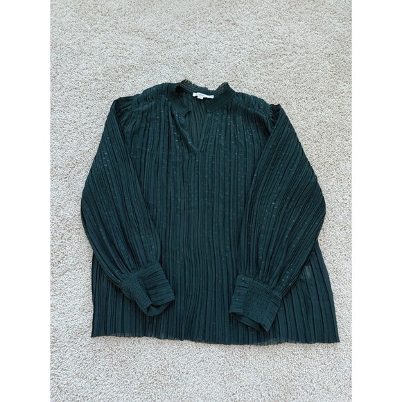 Chico’s Women’s 12 Emerald Green Shimmery Dot Chiffon V-Neck Blouse Long Sleeve - Picture 6 of 10